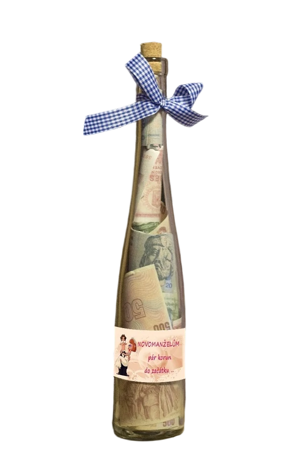 Žertovná láhev Novomanželům pár korun do začátku – vtipný svatební dárek s penězi