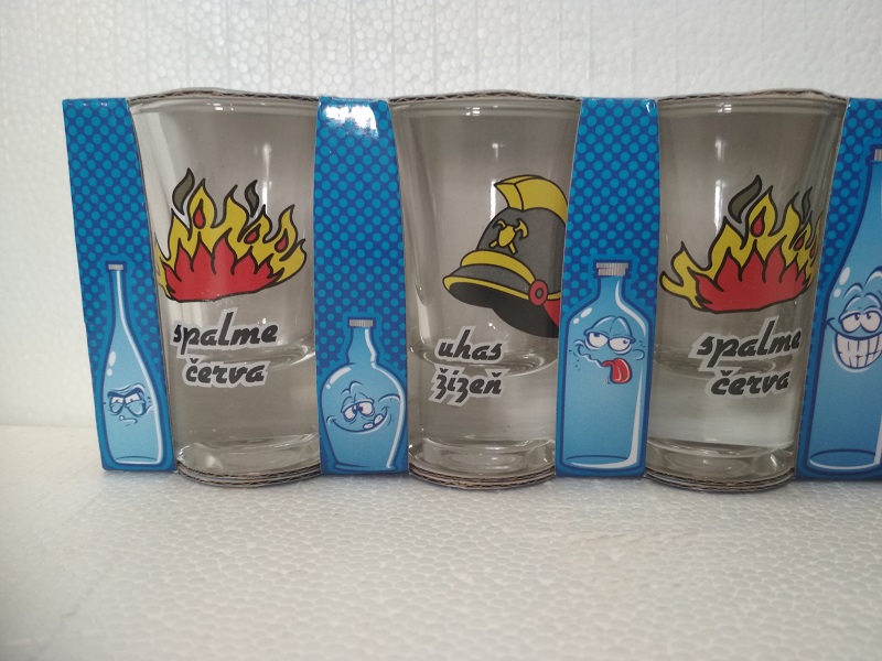 Panák skleněný s vypalovacím obtiskem Sada/6ks - Hasiči - Spalme červa, uhas žízeň