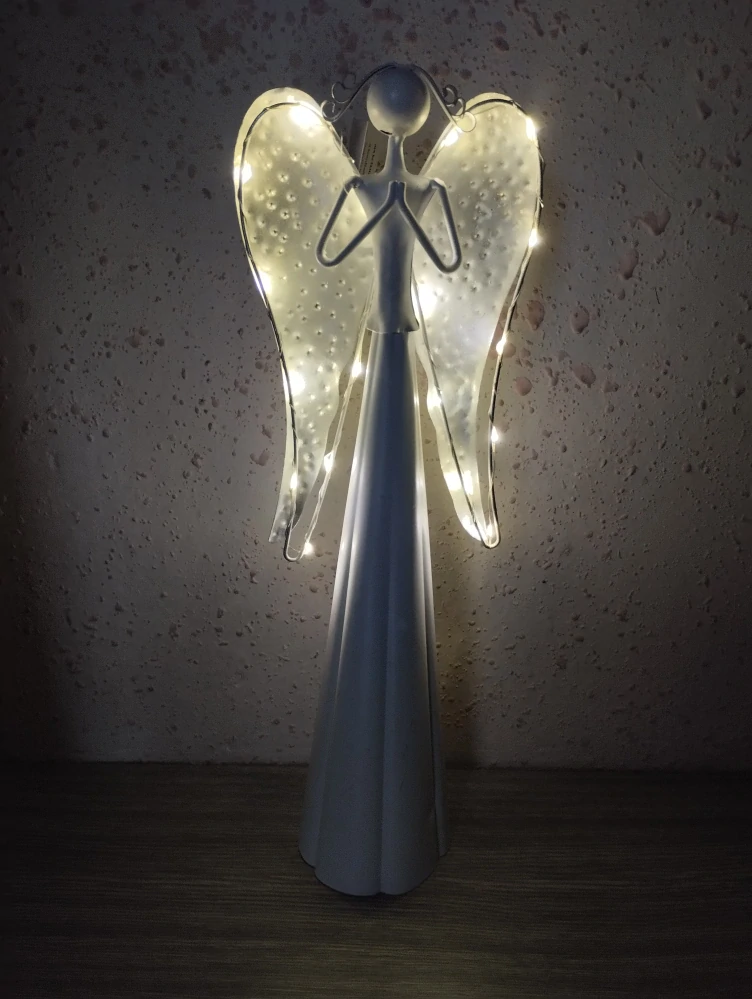 Kovový anděl s LED svítícími křídly bílý - 40 cm