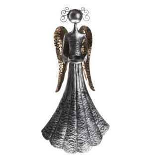 Kovový anděl se sukní na svíčku stříbrný - 57 cm